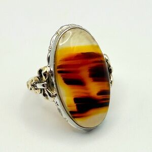 10K Gold Signed Clark & Coombs Vtg Sterling Silver Bow Accent Agate Ring Size 6
